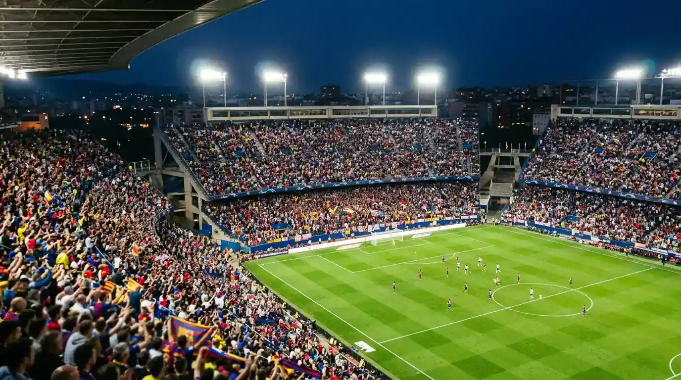 Et fotballstadion fylt med tilskuere under en kveldskamp i VM