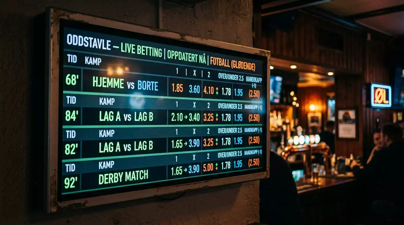 Et oddsbrett som viser tall i bevegelse på en sportsbar-skjerm