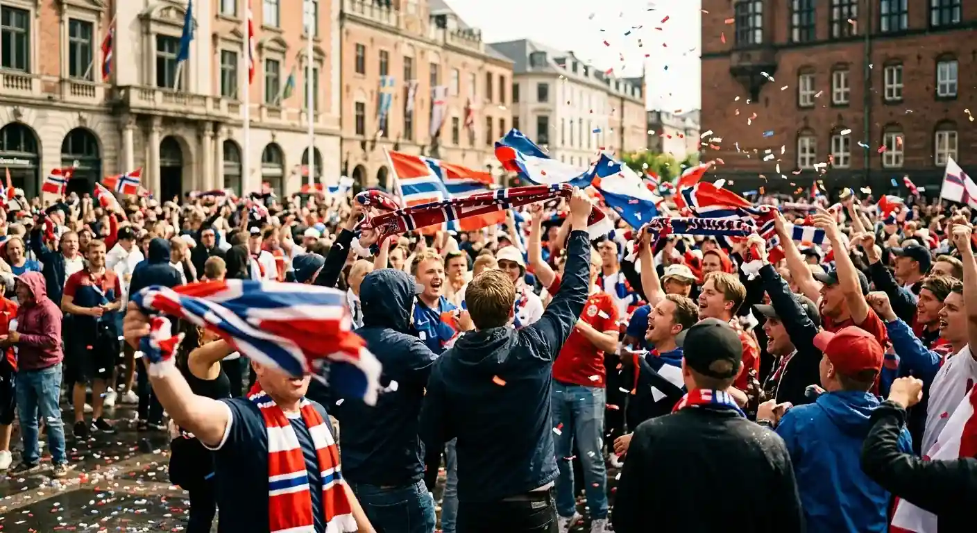 Norske supportere i røde og blå farger feirer med flagg på en fullsatt byplass i solskinn, jubelstemning og glede