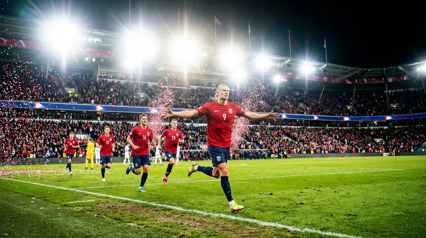 Det norske landslaget med Erling Haaland i VM 2026-drakt foran et fullsatt stadion