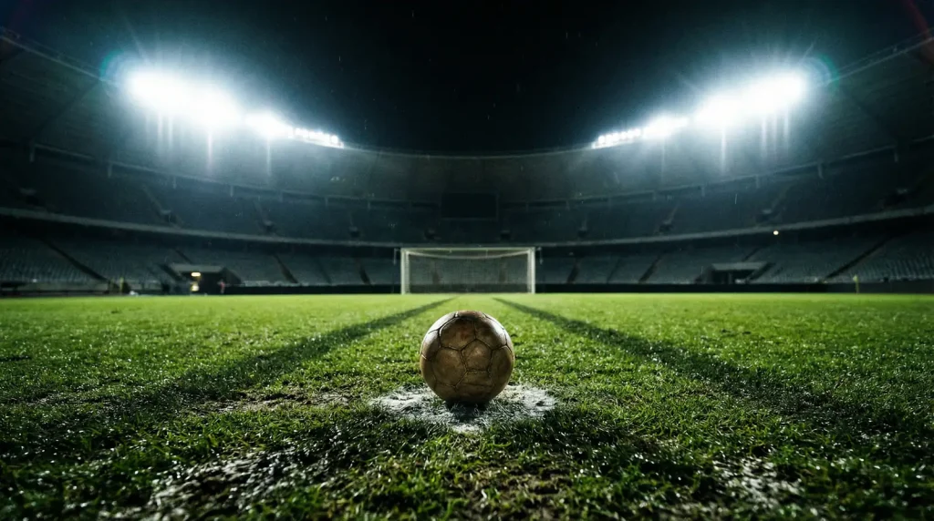 Fotballbane med nett og ball foran tribuner under kveldslys