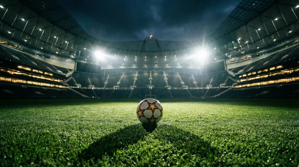Fotball på gressmatte med stadion i bakgrunnen under flombelysning