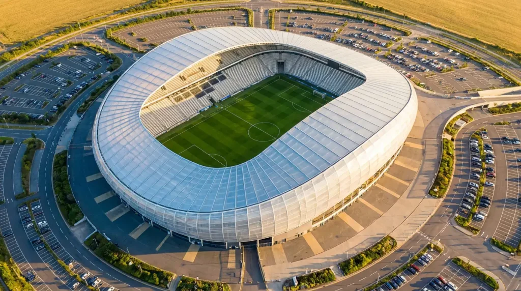 Moderne fotballstadion med tribuner og gressmatte sett fra luften