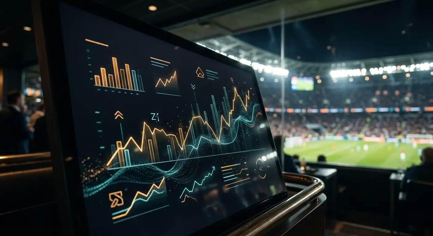 En stilren visualisering av oddstavler og markedslinjer på en mørk skjerm med et fotballstadion svakt i bakgrunnen, tall antydet uten å være lesbare
