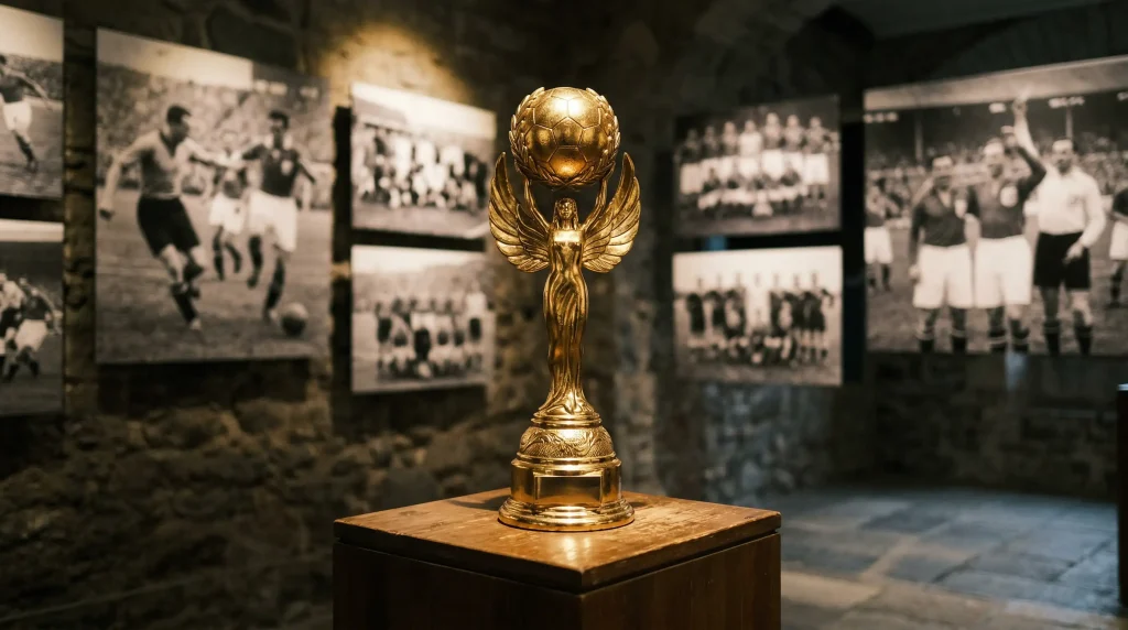 VM-historikk med alle verdensmestere i fotball fra 1930 til 2022 og VM-trofeet