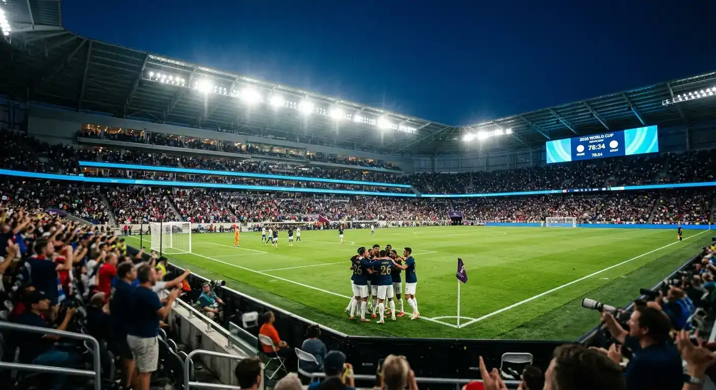 Fotballspillere jubler for et mål på en VM-arena under flomlys om kvelden