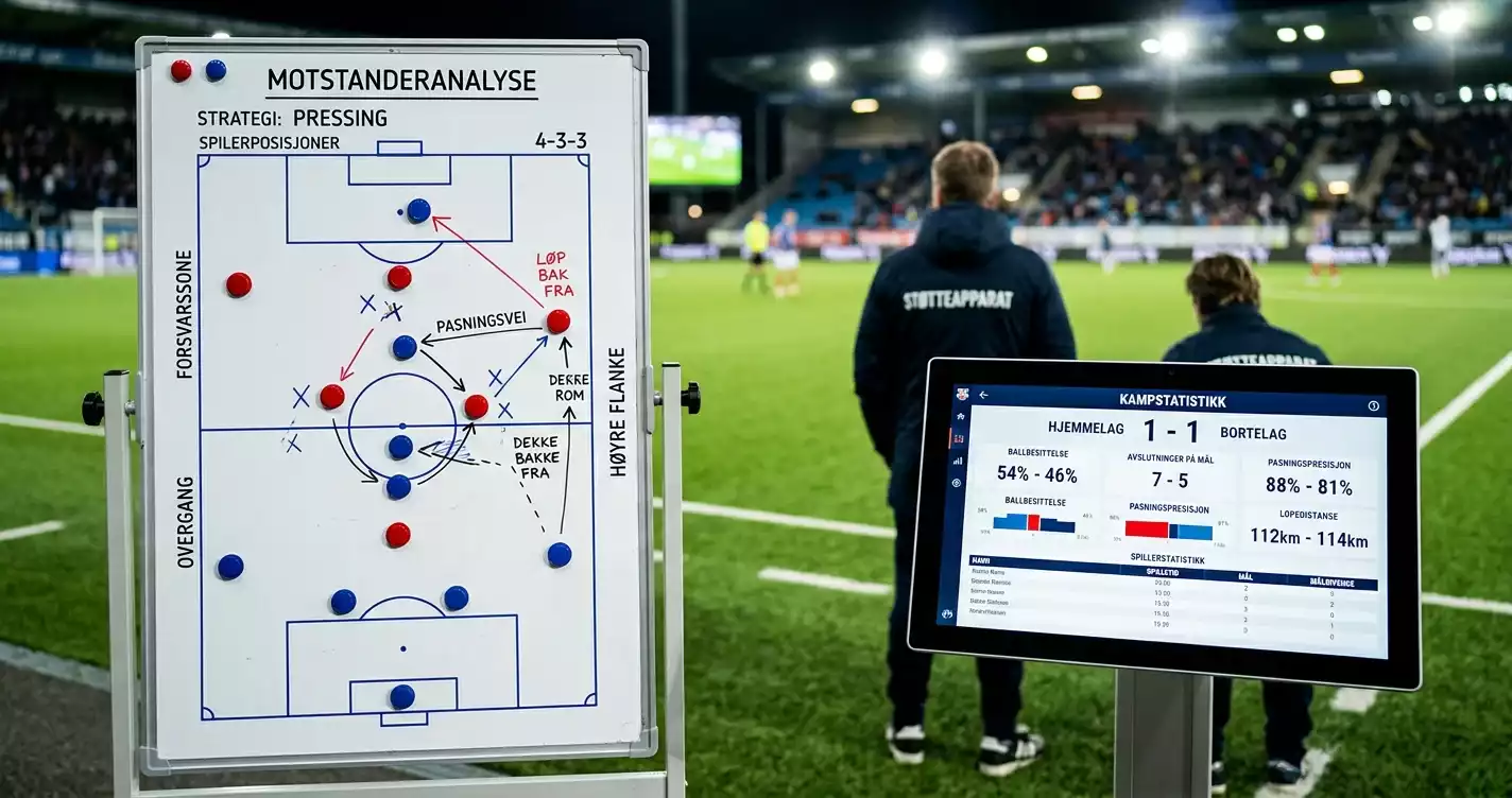Statistikktavle og taktikkbrett ved sidelinjen på en fotballarena