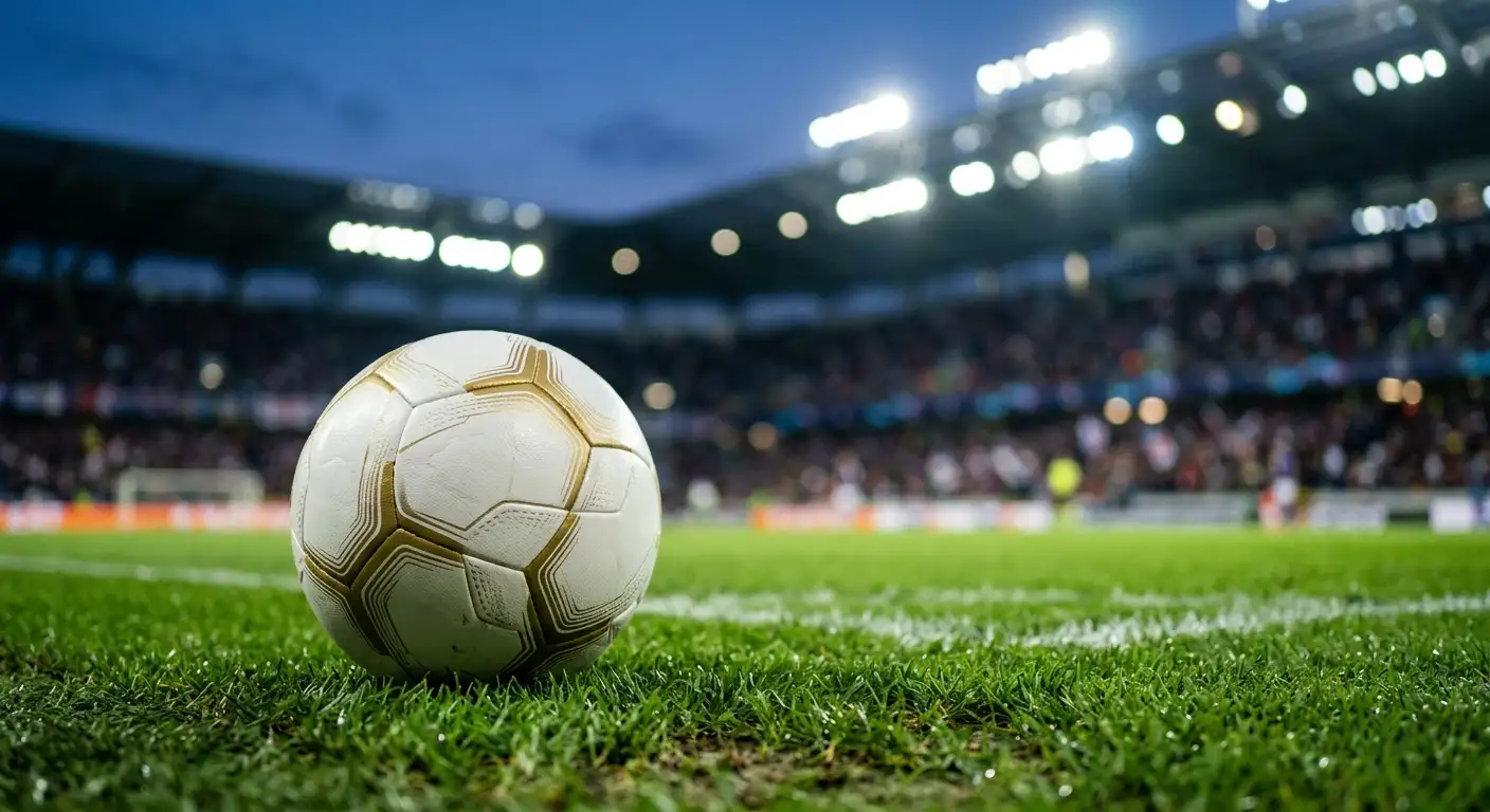 Nærbilde av en fotball på gressmatta foran en opplyst VM-tribune i skumringen